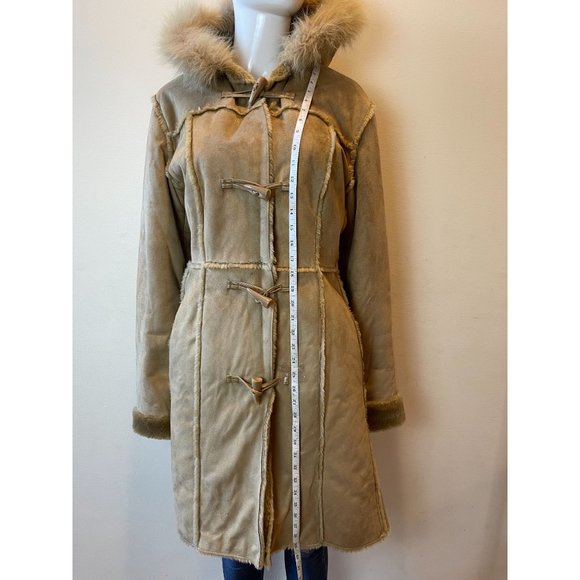 Ruff Hewn Womens Vintage 1980Faux Fur Long Coat Suede Hooded Outerwear Tan Large - Picture 3 of 9